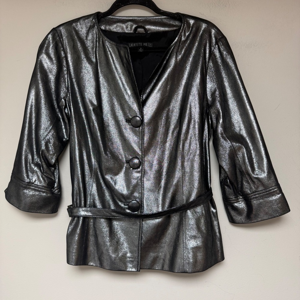 Lafayette 148 Leather Jacket Women 8 Silver Excellent Metallic Belted 3/4 Sleeve
